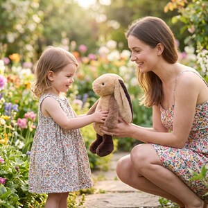 May include: A plush rabbit toy with soft tan fur, dark brown ears, and dark brown feet. The stuffed animal features a rounded head, long floppy ears, and a small stitched nose, presented as a soft toy for play and comfort in a garden setting.