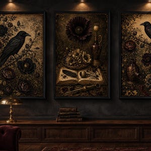 May include: Three rectangular framed wall art pieces displayed in a row. The left and right prints feature black crows perched on floral branches. The center print depicts an open book, a bowl of flowers, and a decorative vessel in dark tones.