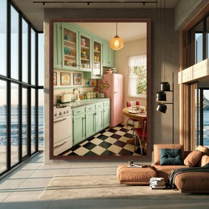 Könnte beinhalten: Ein gerahmter Wandkunstdruck, der eine Retro-Küche mit mintgrünen Schränken, einem rosa Kühlschrank, einem weißen Herd und einem schwarz-weiß karierten Boden zeigt. Die Küche verfügt über einen runden Holztisch mit roten Stühlen und ein Fenster.