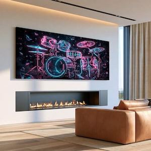 May include: A large rectangular wall art piece featuring a vibrant neon drum set illustration against a dark background. The drums and cymbals are outlined in glowing pink and cyan light, with scattered geometric shapes floating around the kit.