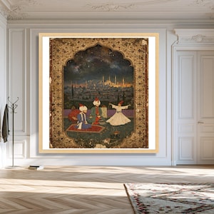 Lienzo con la reunión del sultán otomano, arte de derviches giratorios, escena islámica histórica, decoración de pared de Oriente Medio, arte en lienzo de estilo antiguo.