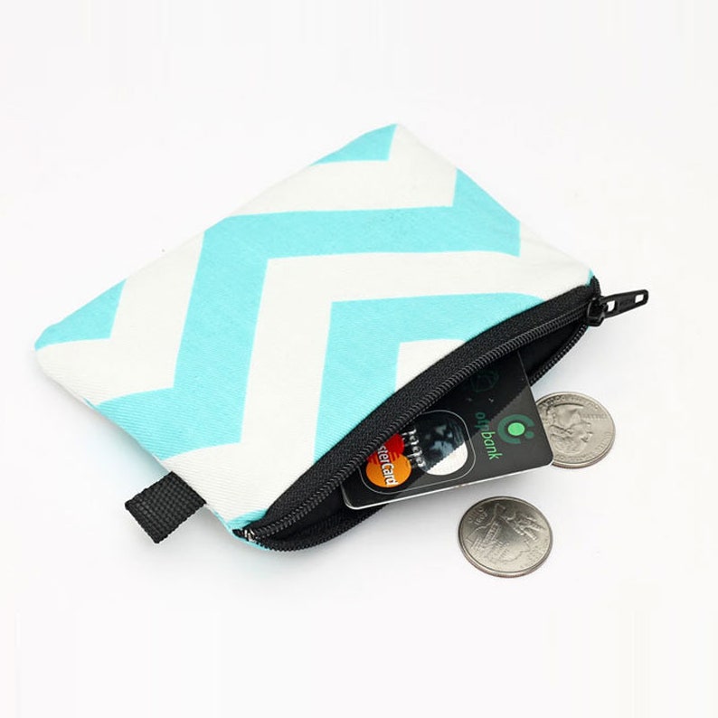 Zipper Coin Purses aqua blue and white chevron stripes Small Makeup Pouch Blue Credit Card Wallet Aqua Coin Purse Nautical Zip Wallet