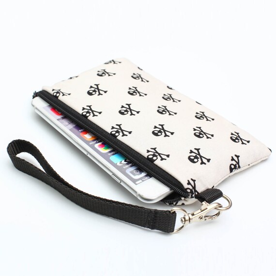 iPhone 8 Plus Wristlet, Galaxy Phone Wallet, Padded Smartphone Purse, Skull Wallet, Vegan Clutch Writslet - black skulls and crossbones