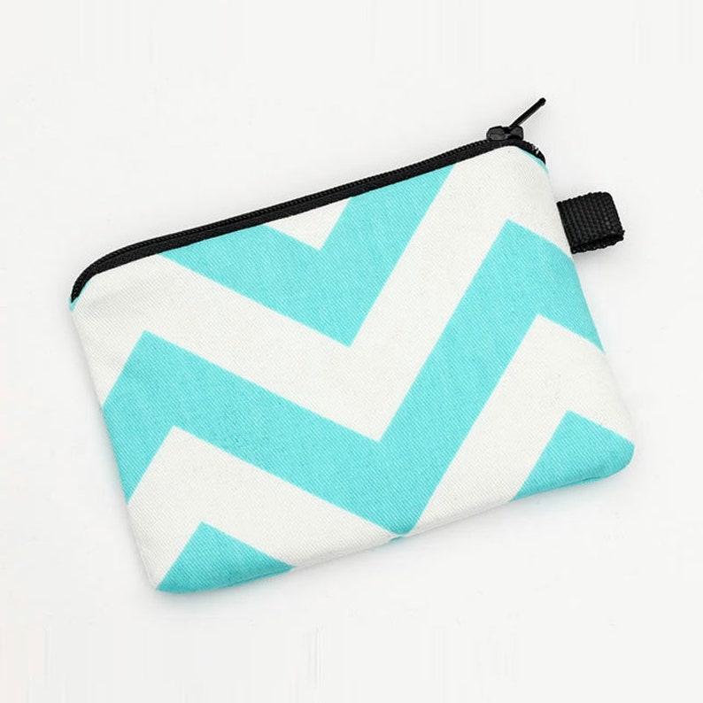 Zipper Coin Purses aqua blue and white chevron stripes Small Makeup Pouch Blue Credit Card Wallet Aqua Coin Purse Nautical Zip Wallet