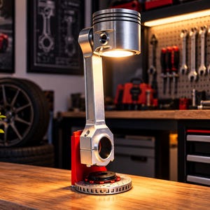 Puede incluir: Una lámpara de mesa fabricada con piezas de automóvil, con un pistón de motor y una biela de metal plateado como estructura vertical. La base es un disco de freno circular con un soporte rojo, que emite una luz cálida.