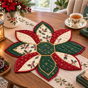 May include: A quilted fabric placemat shaped like a flower with alternating petals in dark green with gold snowflakes, deep red with gold snowflakes, and cream with a holly berry and leaf pattern, featuring a central dark green hexagon.