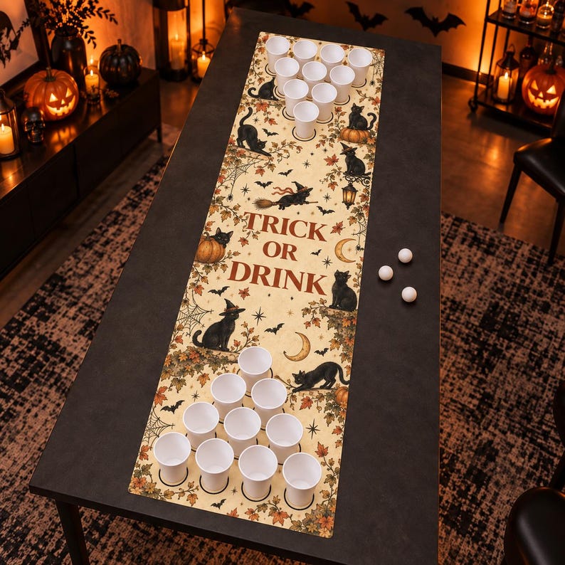 Halloween Beer Pong Mat, Trick or Drink Black Cats Party Game, Retro ...
