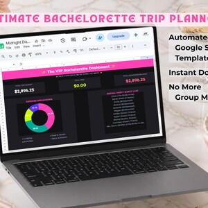 May include: A laptop screen displaying an Ultimate Bachelorette Trip Planner Google Sheets template. The dashboard features a pink header, a colourful expense breakdown pie chart, and a bridal party guest list with black and pink accents.