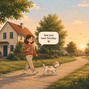 May include: A person in a brown jumper and light trousers walks a white and tan dog on a lead along a path near a house. A speech bubble above the person contains the text: See you next Sunday. with a small red heart icon below the text.