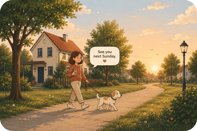 May include: A person in a brown jumper and light trousers walks a white and tan dog on a lead along a path near a house. A speech bubble above the person contains the text: See you next Sunday. with a small red heart icon below the text.