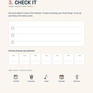 May include: A printable planner page titled The System-Works Method Step 03 Check It. It features a section for three tasks, a weekly schedule for one key thing per day, and a list of common reset ideas with icons for laundry, groceries, cleaning, calendar, and self-care.