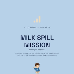 Op de afbeelding: Een lichtblauwe poster met de titel SYSTEM-WORKS MISSION 01 MILK SPILL MISSION. Het bevat een stripfiguur in een blauwe hoodie en kaki korte broek, met tekst die vier missiestappen opsomt: 1 Find a cloth, 2 Wipe the milk, 3 Check the floor, 4 High five!
