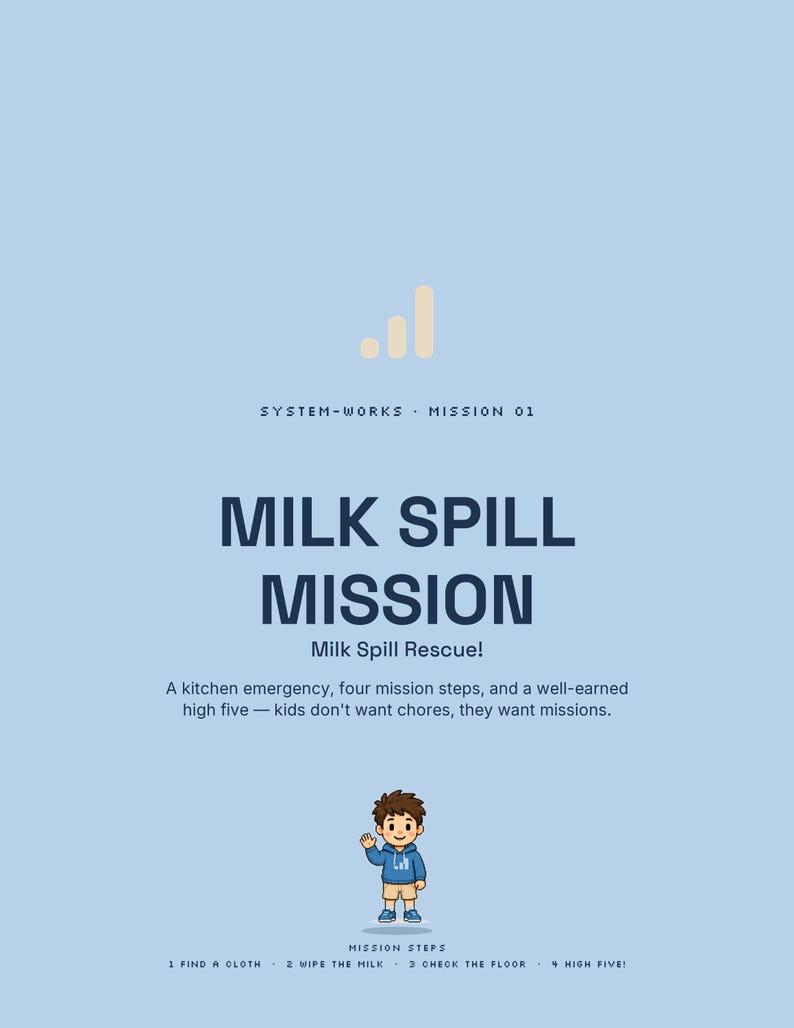 Op de afbeelding: Een lichtblauwe poster met de titel SYSTEM-WORKS MISSION 01 MILK SPILL MISSION. Het bevat een stripfiguur in een blauwe hoodie en kaki korte broek, met tekst die vier missiestappen opsomt: 1 Find a cloth, 2 Wipe the milk, 3 Check the floor, 4 High five!