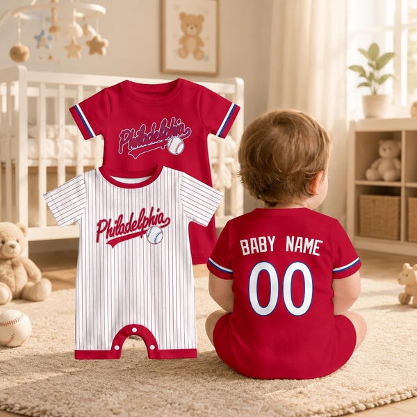 Personalized Philadelphia Baseball Baby Bodysuits, Custom Baby Romper, Customizable Name and Number Baby jersey Gift