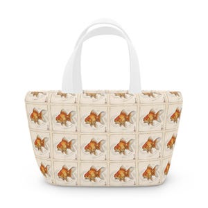 Watercolor Goldfish Lunch Bag | Repeating Fish Pattern, Beige Tile Background