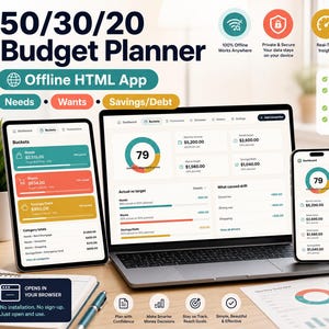May include: A 50/30/20 Budget Planner offline HTML app displayed on a laptop, tablet, and smartphone. The screens show financial dashboards with charts, category totals for needs, wants, and savings/debt, and text detailing the 50/30/20 rule.
