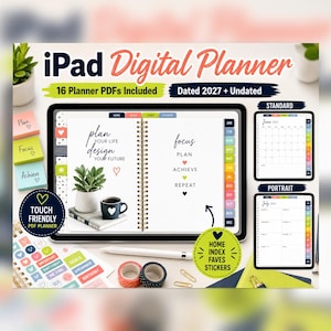 May include: A digital planner for iPad featuring 16 PDF files, dated 2027 and undated versions. The display shows a spiral-bound layout with text reading plan your life design your future and focus plan achieve repeat, alongside a stylus, washi tape, and stickers.