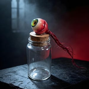 Könnte beinhalten: Ein klares Glasgefäß mit einem Korkstopfen, auf dem ein realistisches Modell eines menschlichen Auges mit grüner Iris und roten Blutgefäßen sitzt. An der Rückseite des Auges befinden sich lange, dünne, rote, aderartige Fäden, die herabhängen.