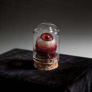 Könnte beinhalten: Ein realistisches Modell eines menschlichen Augapfels mit tiefroter Iris und blutunterlaufener weißer Sklera, eingeschlossen in einer klaren Glaskuppel, die sicher auf einem runden, texturierten Korksockel steht und ein anatomisches Objekt bildet.