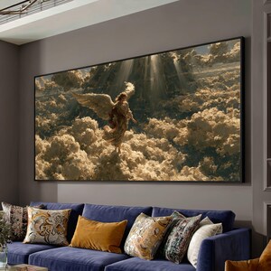 Angelic Figure Among Radiant Clouds Canvas, Heavenly Light Rays Wall Art, Spiritual Inspiration Canvas, Mystical Atmosphere Decoration
