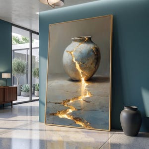 Lienzo con jarrón dorado agrietado, arte mural de cerámica iluminada, decoración rústica moderna, lienzo de luz y sombra, decoración única para el hogar.
