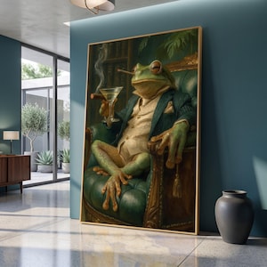 Lienzo "Dapper Frog Gentleman", arte animal caprichoso, rana elegante con cigarro, decoración de pared humorística, arte en lienzo de estilo vintage