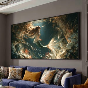 May include: A large rectangular wall art piece featuring an underwater scene with a mermaid swimming amidst flowing golden hair and a shimmering tail. The artwork displays deep blue and dark green tones with highlights of bright gold and white light.