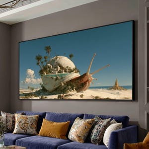 May include: A large rectangular wall art print featuring a surreal landscape where a giant snail carries a coastal village with palm trees on its shell. The scene includes a sandy beach, a turquoise pool, and a golden temple structure under a clear blue sky.