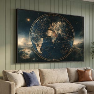 May include: A large rectangular wall art piece featuring a circular celestial map of the world. The design displays golden continents and navigational lines against a deep navy blue background, surrounded by swirling clouds and starry space.