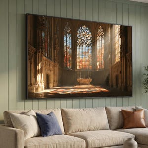 Könnte beinhalten: Ein großes rechteckiges Wandbild, das das Innere einer gotischen Kathedrale mit hohen Bogenfenstern, kunstvollen Steinschnitzereien und einem zentralen Altar zeigt. Sonnenlicht fällt durch die Buntglasfenster auf den Boden.