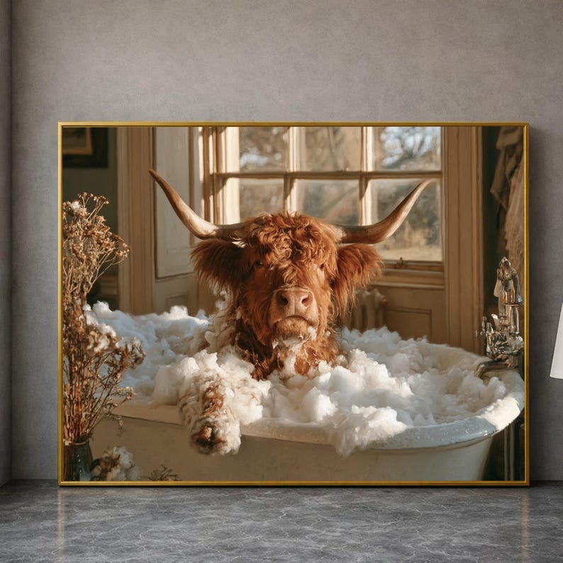 Highland Cow Bubble Bath Canvas, Farm Animal Wall Art, Quirky Bathroom ...