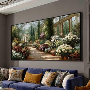 May include: A large rectangular wall art print depicting a sunlit greenhouse interior filled with lush greenery and blooming flowers in shades of white, red, and purple. A stone pathway leads towards a domed structure under a glass ceiling.