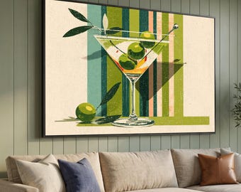 Retro Martini Glass Canvas, Olive Cocktail Art, Mid Century Wall Decor, Vintage Bar Scene Canvas, Home Bar Wall Art