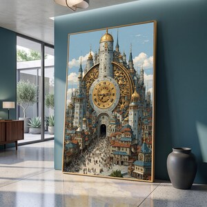 Peut inclure: Une impression d'art mural verticale représentant une ville tentaculaire avec un immense cadran d'horloge doré orné intégré dans une tour centrale en pierre. La scène montre de nombreux bâtiments aux toits bleus, des flèches dorées et une foule.