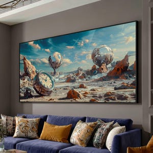 May include: A rectangular wall art print featuring a surreal landscape with orange rocky formations, floating metallic spheres, and a large vintage pocket watch resting on the ground under a blue sky with scattered clouds and light rays.