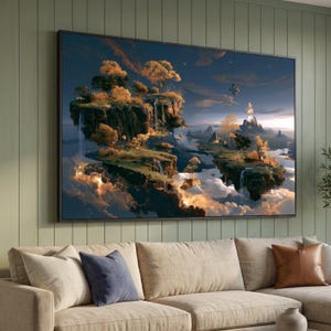 Canvas met een drijvend eilandlandschap, surrealistische natuurmuurdecoratie, canvas met mystieke watervallen, dromerige lucht en bomen, fantasielandschap als decoratie.