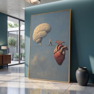 Thoughtful Balance Canvas, Brain and Heart Art, Conceptual Wall Decor, Emotional Intelligence Canvas, Surreal Human Mind Illustration