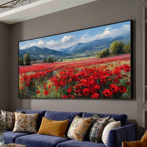 Lienzo con campo de amapolas rojas vibrantes, arte mural de paisaje de montaña, lienzo de pradera floral, decoración de naturaleza escénica, arte para la sala de estar del hogar