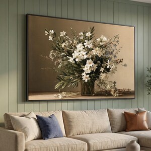 Elegant White Floral Bouquet Canvas, Rustic Vase Wall Art, Neutral Home Decor, Botanical Flower Canvas, Classic Still Life Painting