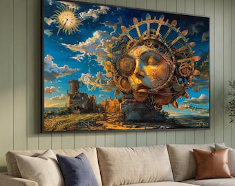 Può includere: Una stampa artistica rettangolare che raffigura un paesaggio surreale con un grande volto solare meccanico composto da ingranaggi dorati. La scena include rovine in pietra sotto un cielo blu profondo con nuvole e un piccolo orologio solare.
