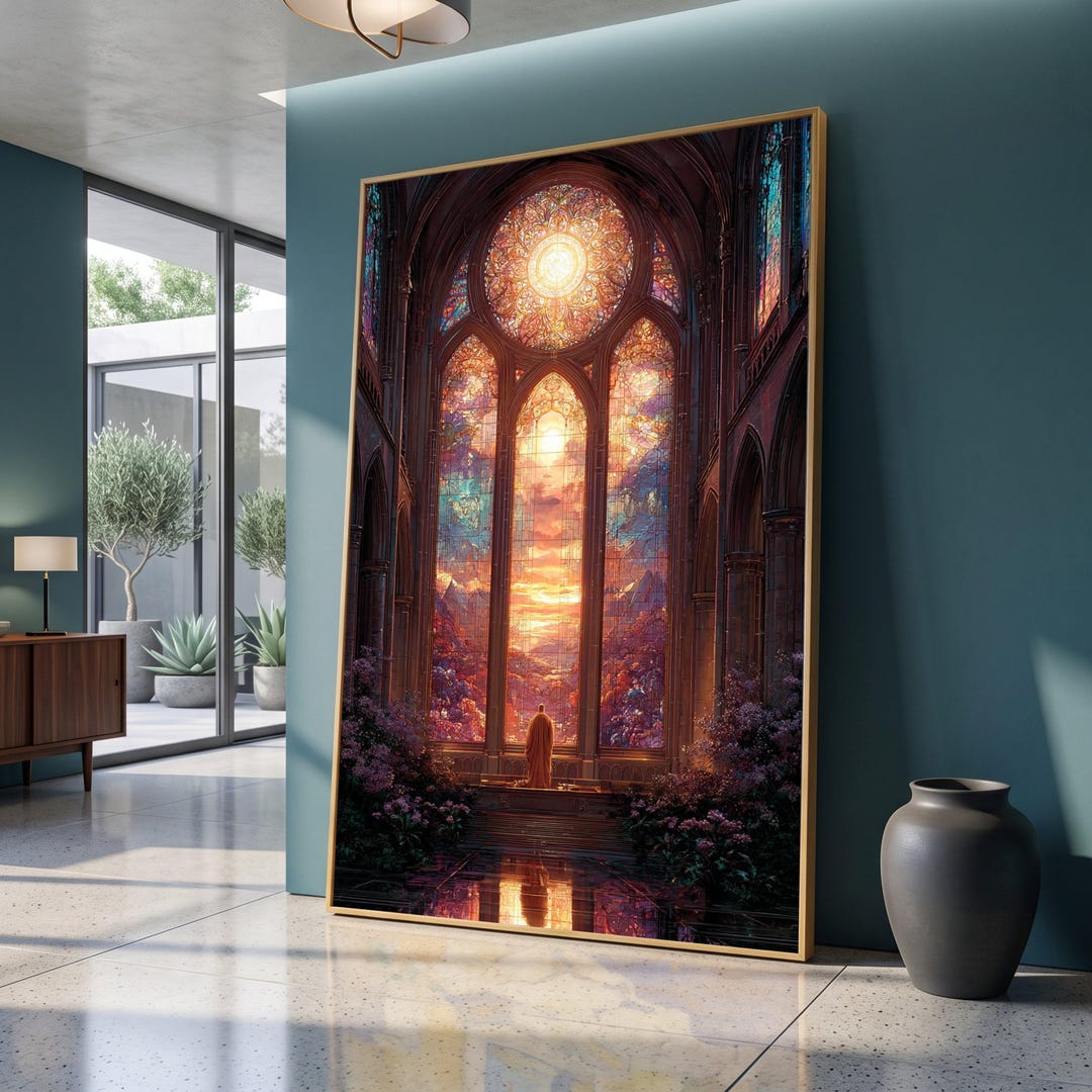 Gothic Cathedral Interior Canvas, Stained Glass Window Wall Art, Sunset ...