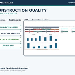 May include: A digital Microsoft Excel construction quality control and NCR tracker template. The interface features eight connected sheets, 200 rows per register, a live QA/QC dashboard, and no macros. Text includes NUTTAPAT ATELIER and CQNT-EXCEL-019.