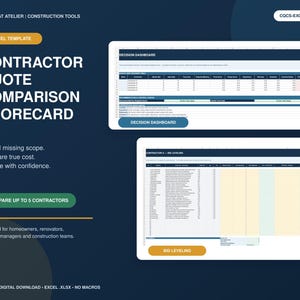 May include: A digital Excel template titled Contractor Quote Comparison Scorecard, featuring a dark blue background with white text. It displays two spreadsheet views: a Decision Dashboard and a Bid Leveling sheet for comparing up to five contractors.