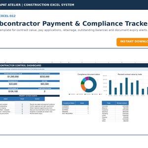 May include: A digital Subcontractor Payment & Compliance Tracker Excel template by Nuttapat Atelier. The dashboard displays financial data, including contract values, retainage, and outstanding balances, alongside a compliance status pie chart.