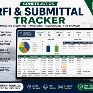 May include: A digital construction RFI and submittal tracker Excel template displayed on a laptop screen. The dashboard features a pie chart, bar graph, and a detailed table tracking project items, statuses, due dates, and overdue tasks.
