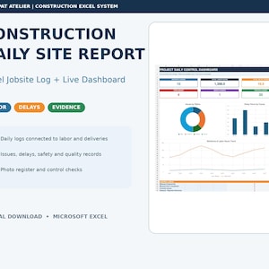 Puede incluir: Un sistema digital de informe diario de obra en Excel de Nuttapat Atelier. La interfaz muestra un panel de control diario del proyecto con tarjetas de datos, un gráfico circular, un gráfico de barras y un gráfico de líneas de tendencia.