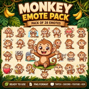 Könnte beinhalten: Eine digitale Sammlung von 28 Affen-Emotes mit verschiedenen Ausdrücken und Aktionen, darunter weinend, lachend, schlafend und mit Schildern mit Texten wie GG, RIP, RAID und BAN, vor einem Dschungelhintergrund mit Bananen.