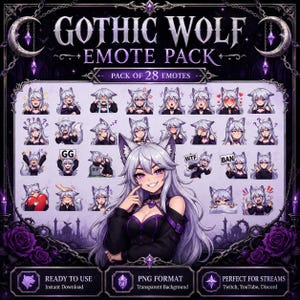 Gotiska vargkvinna Twitch-emotes | Emote-paket med 28 emotes för Twitch Stream och Discord-server