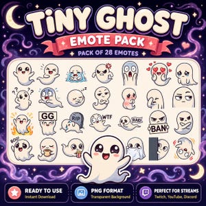 May include: A digital emote pack featuring 28 white ghost characters with various expressions and actions. The text reads Tiny Ghost Emote Pack, Pack of 28 Emotes, Ready to Use, Instant Download, PNG Format, Transparent Background, and Perfect for Streams.