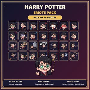 May include: A digital emote pack featuring 28 chibi-style illustrations of Harry Potter with various expressions and actions. The collection includes text labels like GG, RIP, and WTF, presented in a grid format with a large character at the bottom.